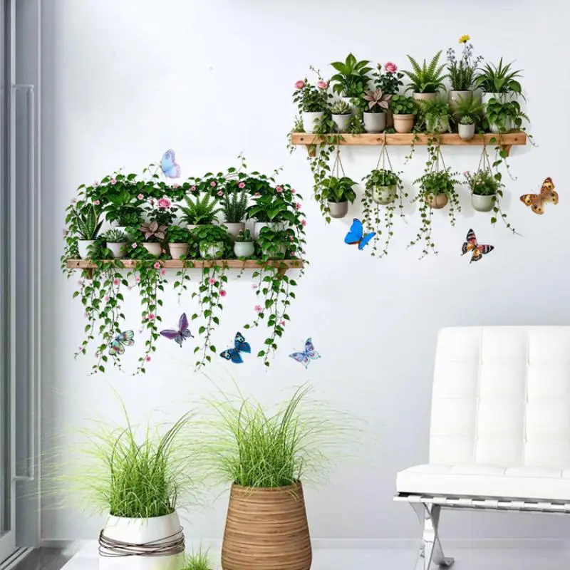 Potted Plant Flowers Leaves And Butterfly Wall Sticker Self-adhesive Cartoon Stickers Removable Kitchen Living Room Home Decor
