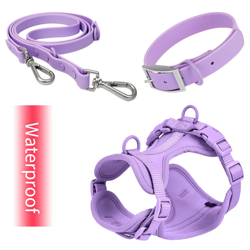 Pet Waterproof Leash Collar PVC Covered Polyester Webbing Dog Harness Adjustable Chest Strap for Medium and Large Dogs