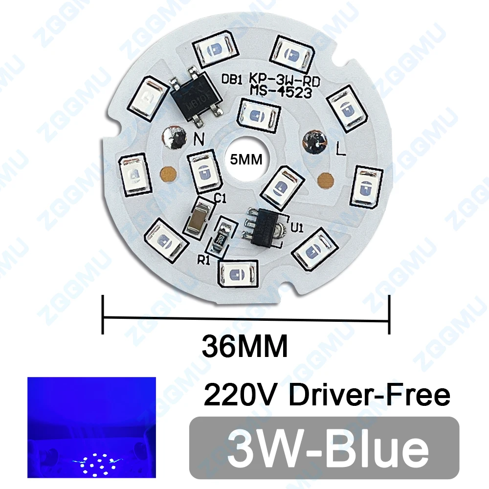 Carte lumineuse à courant constant sans pilote, lumière rouge, lumière bleue, lumière verte, source d'ampoule bricolage, PCB, AC 220V, 3W, 5W