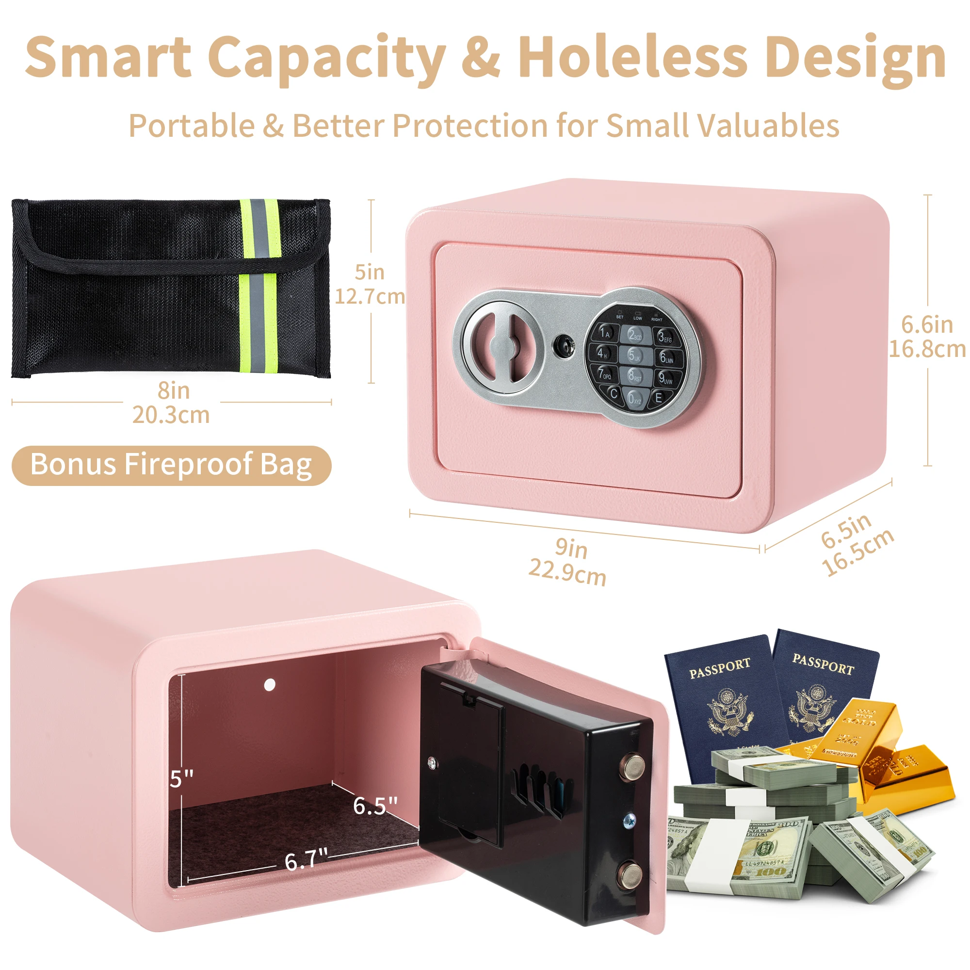 Deli Fireproof Digital Safe Box for Home, 0.2 Cu Ft Electronic Lock Security Safe with Cash Bag, Stylish Pink