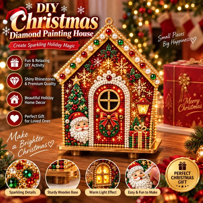 Christmas 3D DIY Beaded House Craft Kit, Tree Sparkling Rhinestone Holiday Hanging Ornament Character Design, Home Decor Gift
