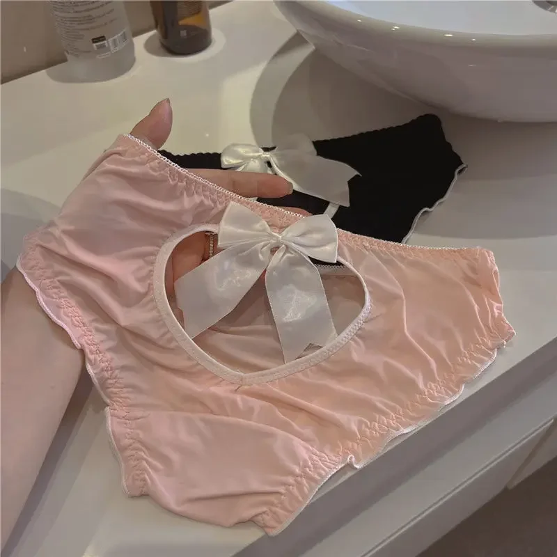 Ins Style Girl Hotsweet Cutout Big Bow Personality Triangle Panties Women's Cotton Crotch Ice Silk Light Briefs Latest Underwear