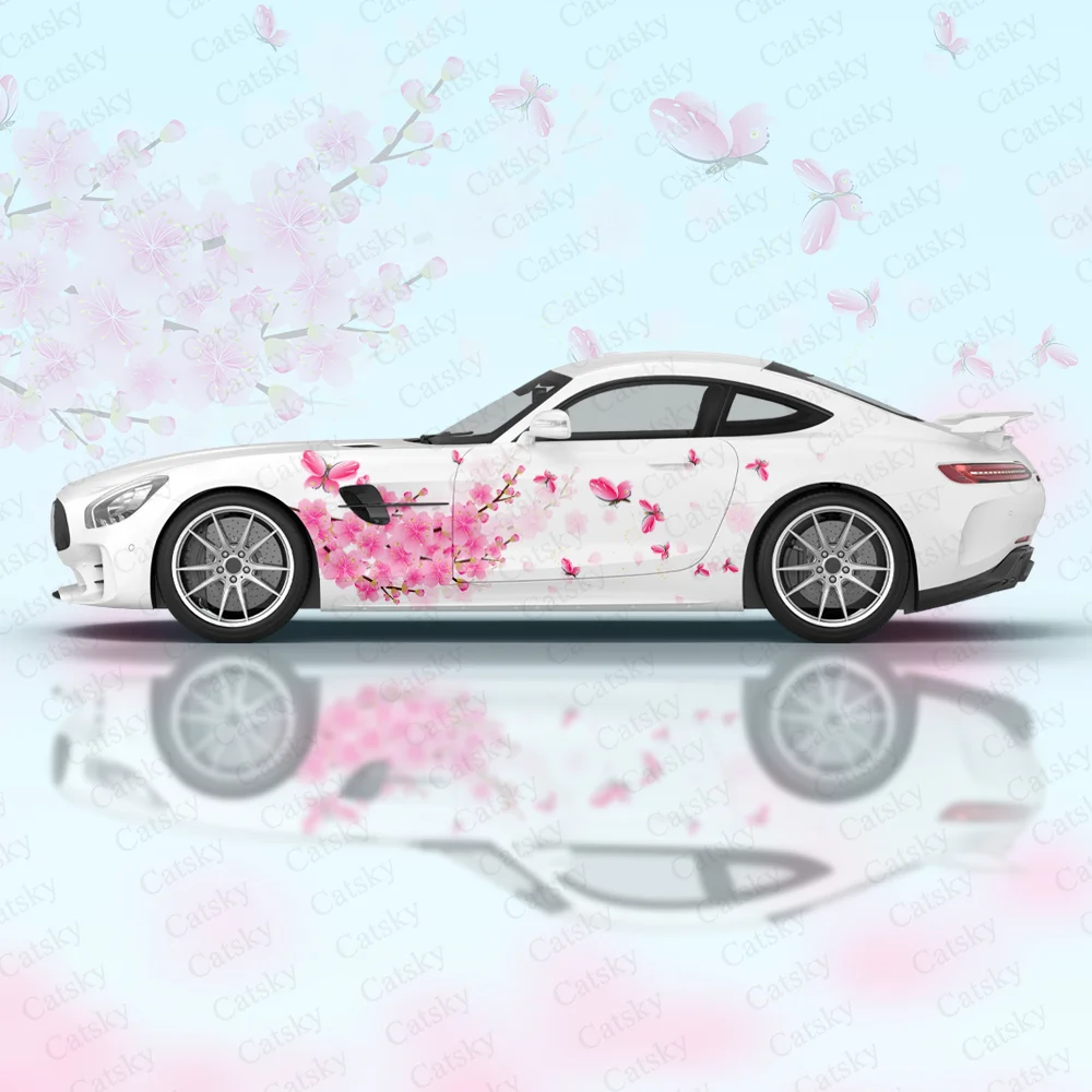 Pink Flower Butterfly Custom Car Sticker Decal Hood Door Body Vinyl Sticker Graphic Wrap New Car Sticker Decoration Accessories