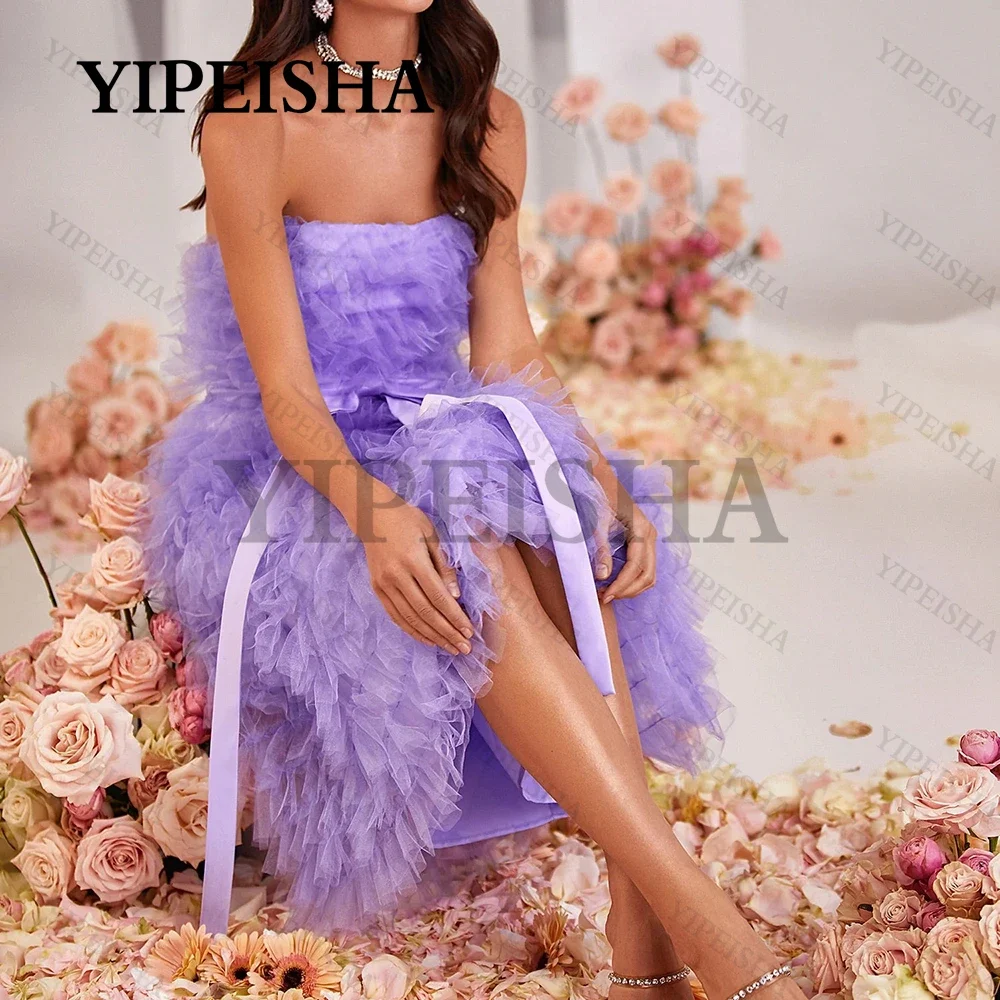 

Lavender Strapless A-Line Prom Gown Simple Tiered Tulle Bow Party Dress Tea-Length Homecoming robes de soirée فساتين السهر