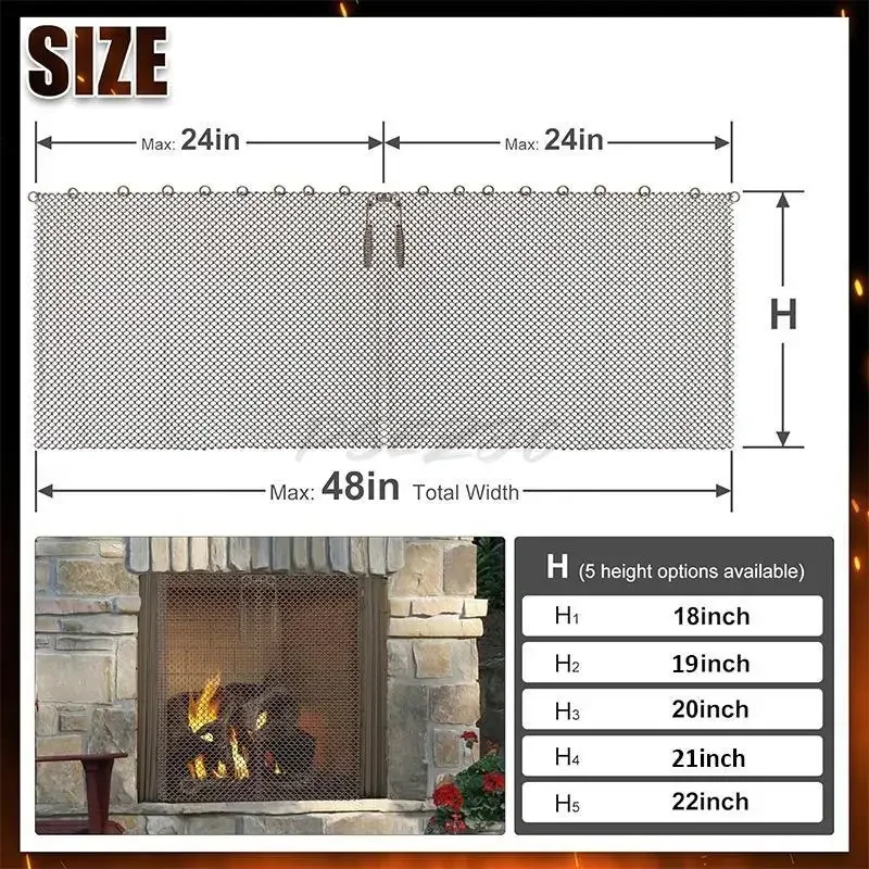 Cortina de malha suspensa para lareira, decoração de lareira, proteção contra faísca, cortina de malha adequada para lareiras domésticas