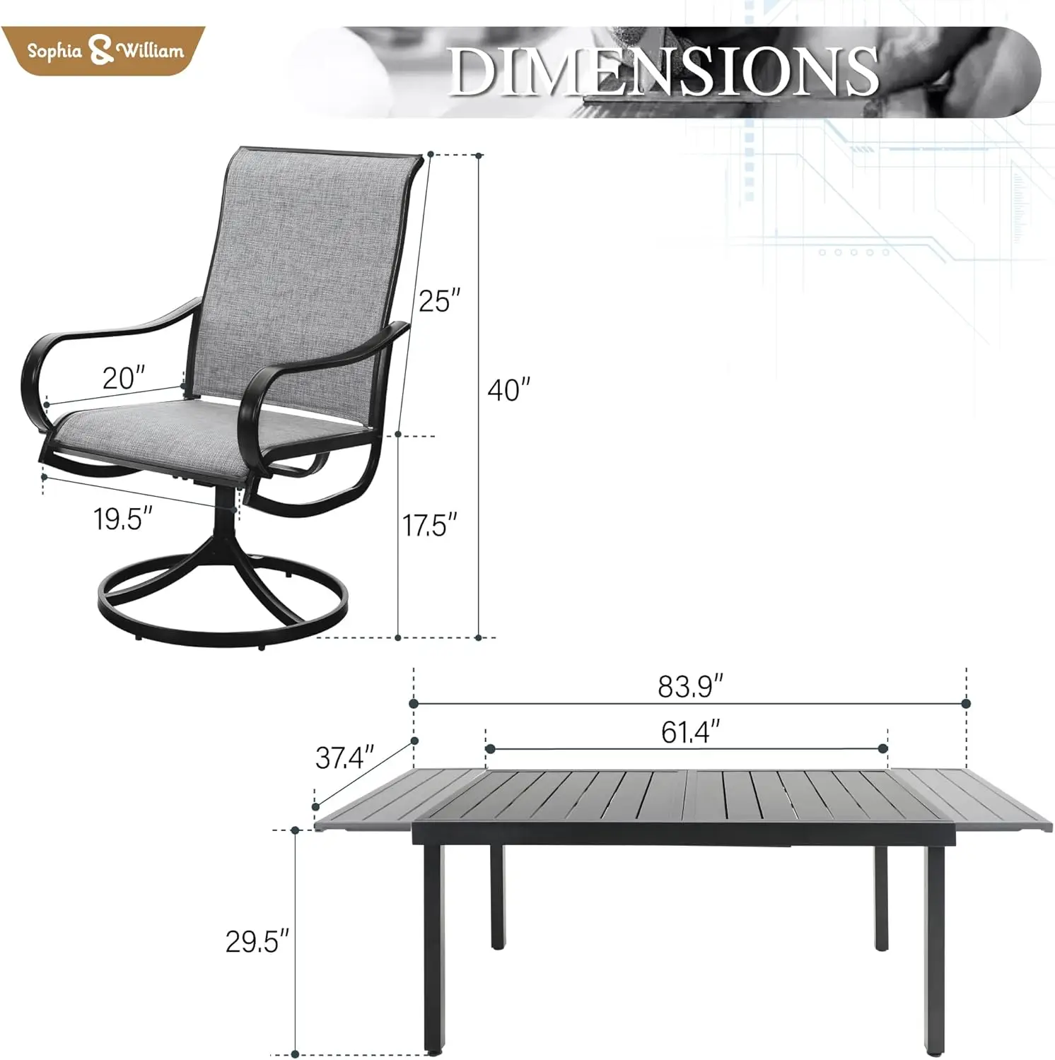 Ensemble de salle à manger d'extérieur, table et chaises, table à manger d'extérieur pour 8 personnes, chaises à comcussion, 9 pièces