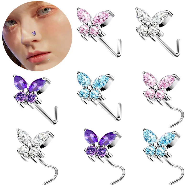 S/L Butterfly Minimalist Cute Stainless Steel Blue Butterfly Nose Studs Zircon Inlaid Multi-Color Optional Shank Body Jewelry
