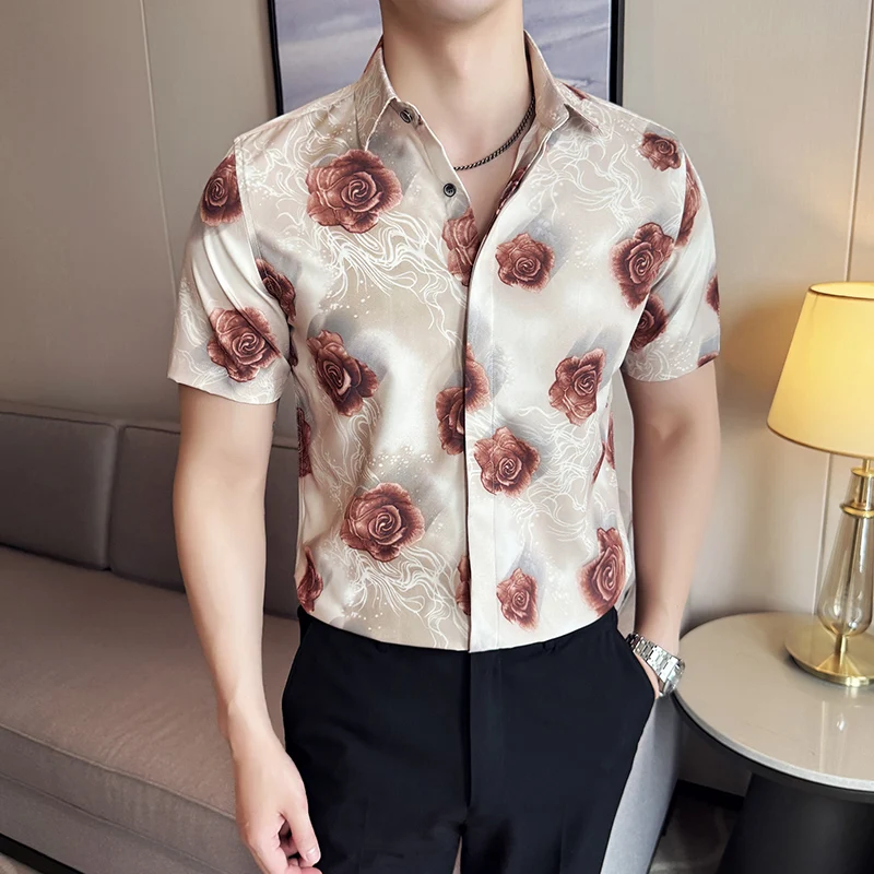 

Summer New Printed Ice Silk Shirt High-quality Luxury Fashion Men's Slim Fit Business Casual Short Sleeved Shirt Homme 4XL-M