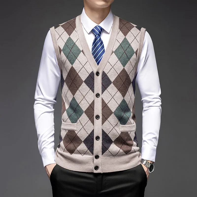 Men's Knitted Wool Vest Cardigan Sleeveless Pockets V-neck Sweater Base Vest Jacquard