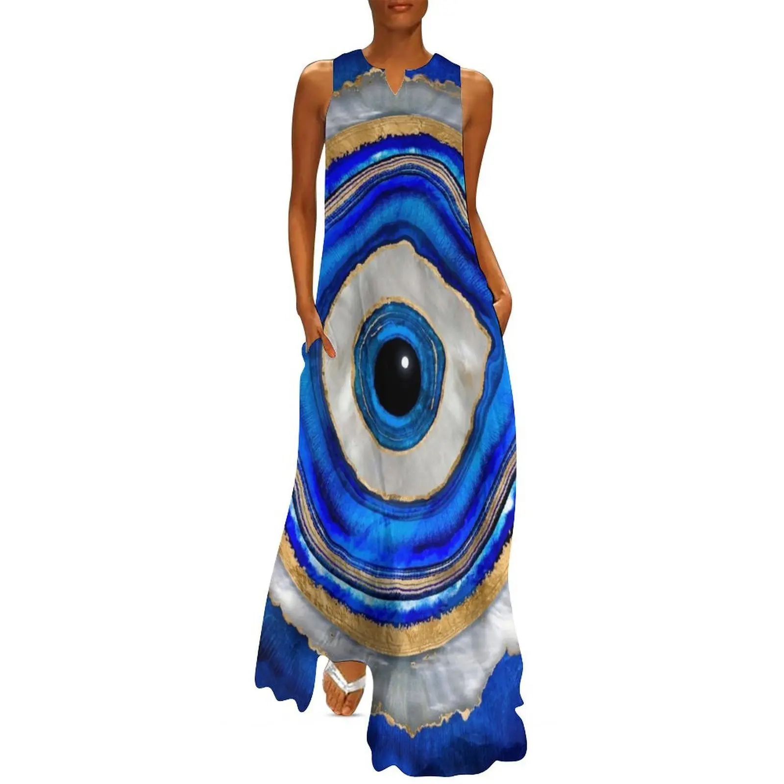 

Evil Eye Watercolor agate and gold Long Dress summer women's suit womans clothing Women's clothing birthday dress for women