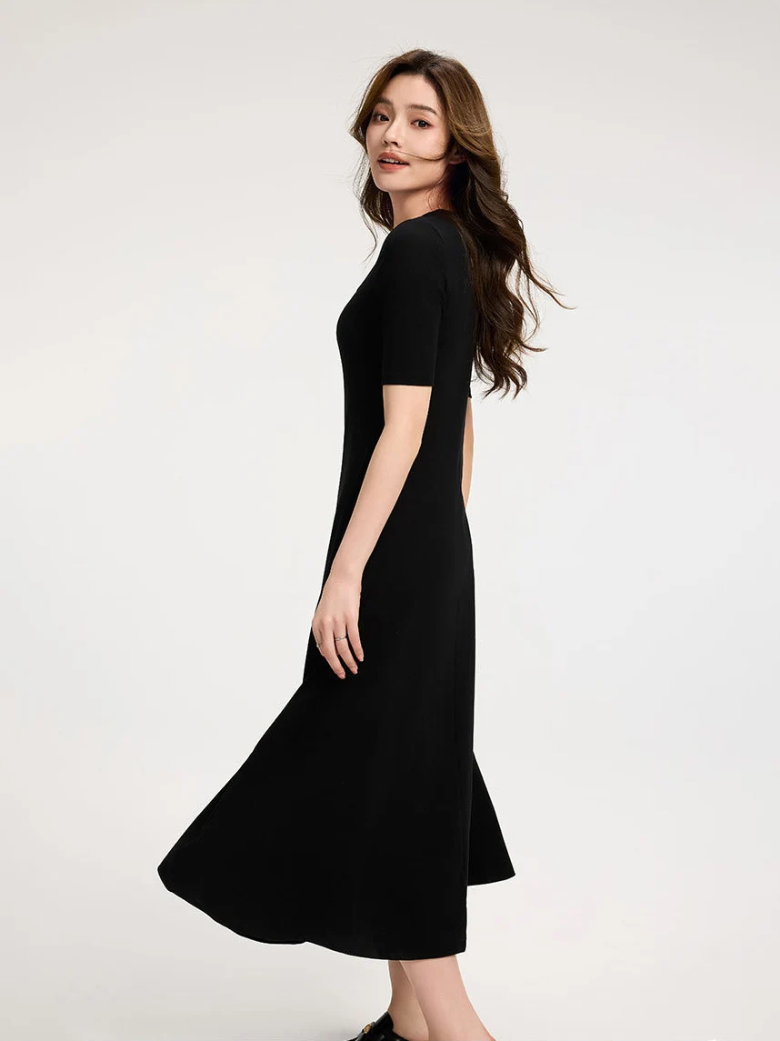 Slim Lyocell Cotton Tee Dress Short Sleeve Horseshoe Neck A Line Midi T Shirt Dresses