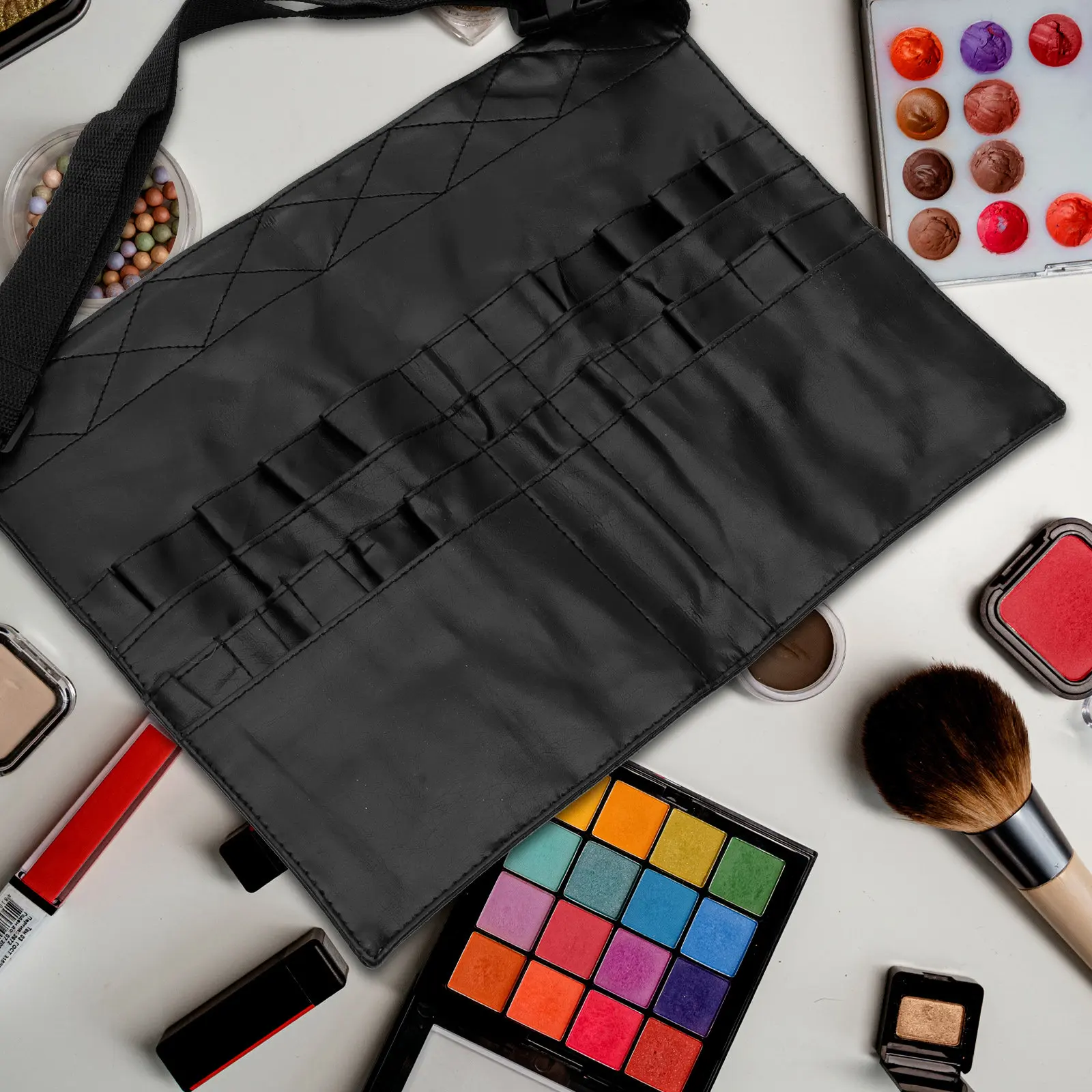 Fashionable Makeup Brush Belt Bag with Large Capacity PU Waist Apron Pouch for Women Professionals Touch Up on Site