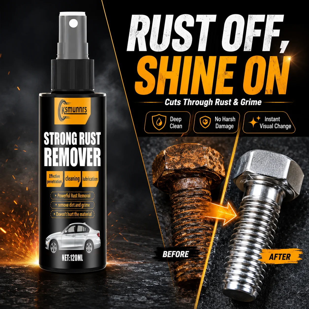Strong Rust Remover Spray 120ml, Fast Rust Cleaner for Metal Bolts Chains Gears Tools, Restore Metal Shine