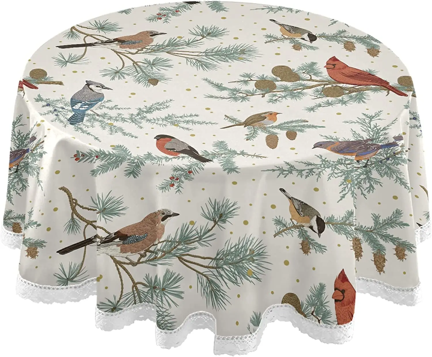 Vintage Tree Cardinal Round Table Cloth Winter Birds Classic Polyester White Lace Tablecloth 60 Inch for Dinner Table Decor