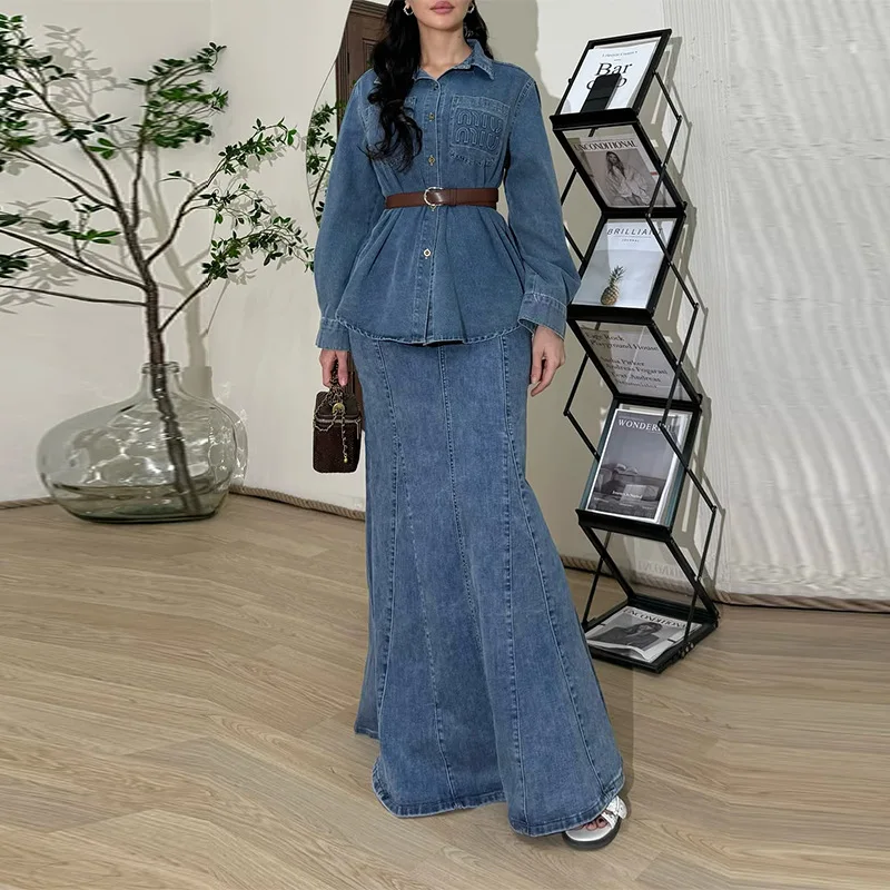 Jeans Two Piece Set Women 2026 Autumn New Women's POLO Collar Waist Blue Cowboy Casual Set