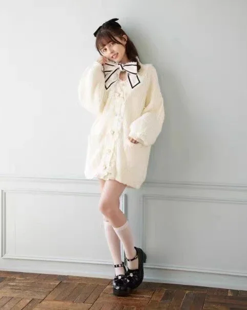 Japanese Sweet Mass-Produced Bow Pearl Beads Long Cardigan Knitwear Autumn Winter New V-neck Single Breasted Loose Sweater Coat