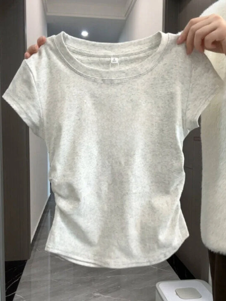 

Slim Fit round Neck Short Sleeve T-Shirt Women Summer Waist Cinching Pure Desire Short Style Fishbone Top Korean Style Cotton...