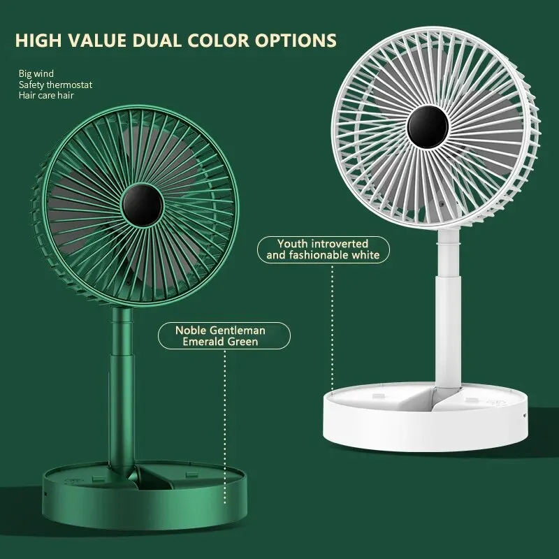 New USB Charging Folding Fan Portable Telescopic Floor Home Office Table Rechargeable Battery Quiet 3 Speeds Adjustable Height