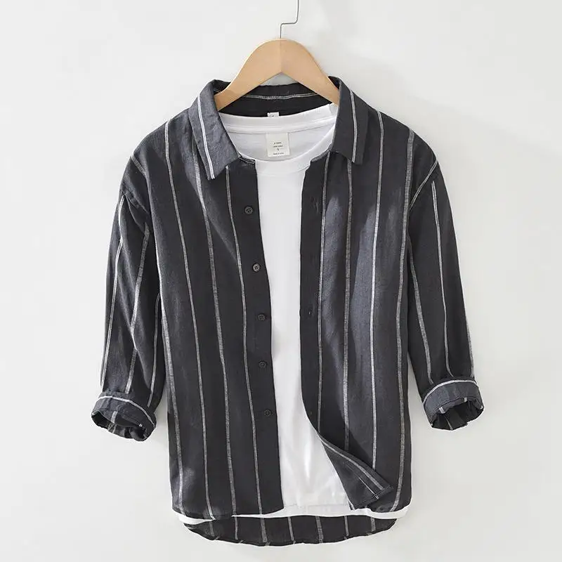 

Men's Thin Seven Quarter Sleeve Striped Shirt Linen Material Casual Fashionable Durable Non-iron Treatment Daily Wear