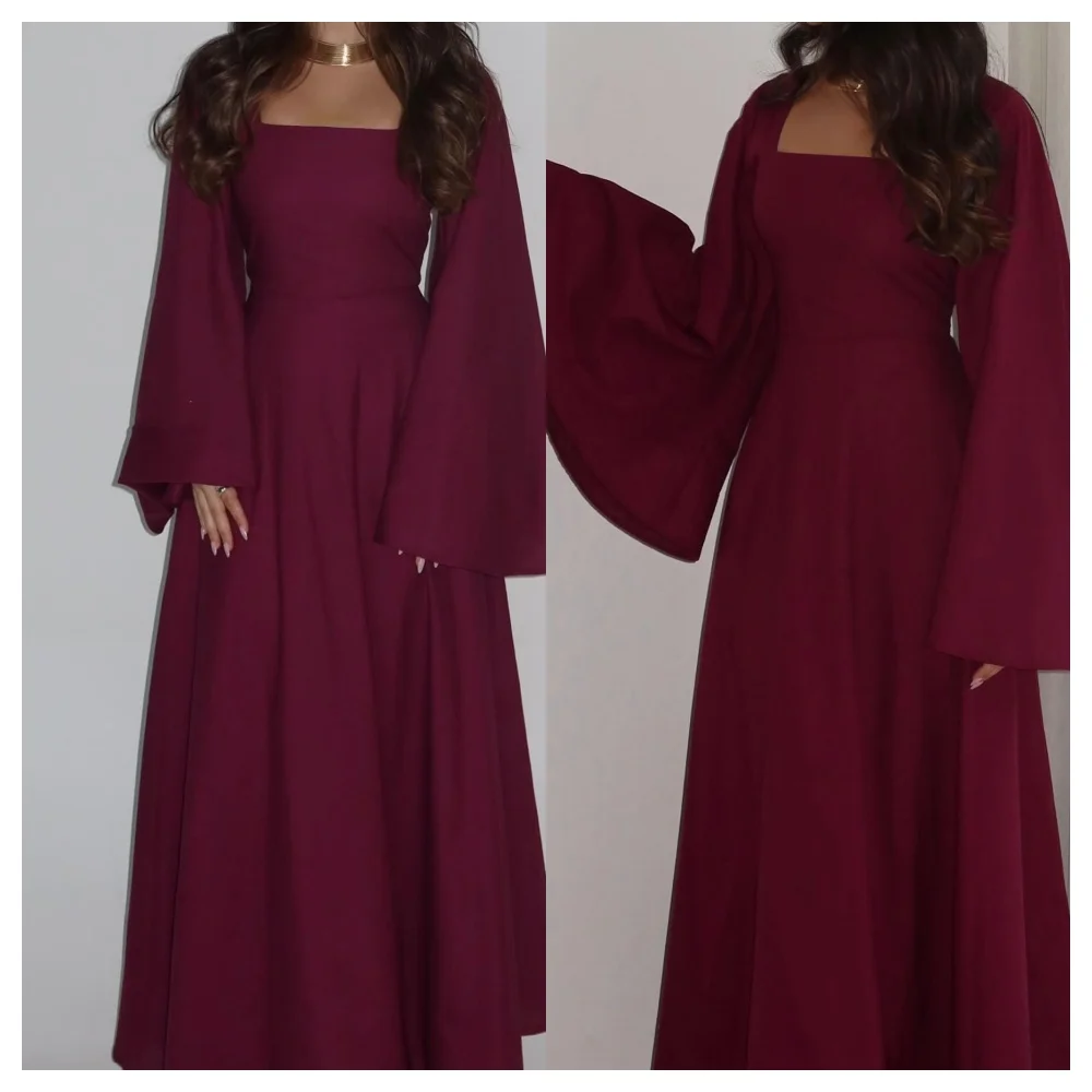 

Customized Simple Burgundy Jersey Evening Dress Formal Square Collar Long Sleeves Party Dress Temperament Celebrity Go