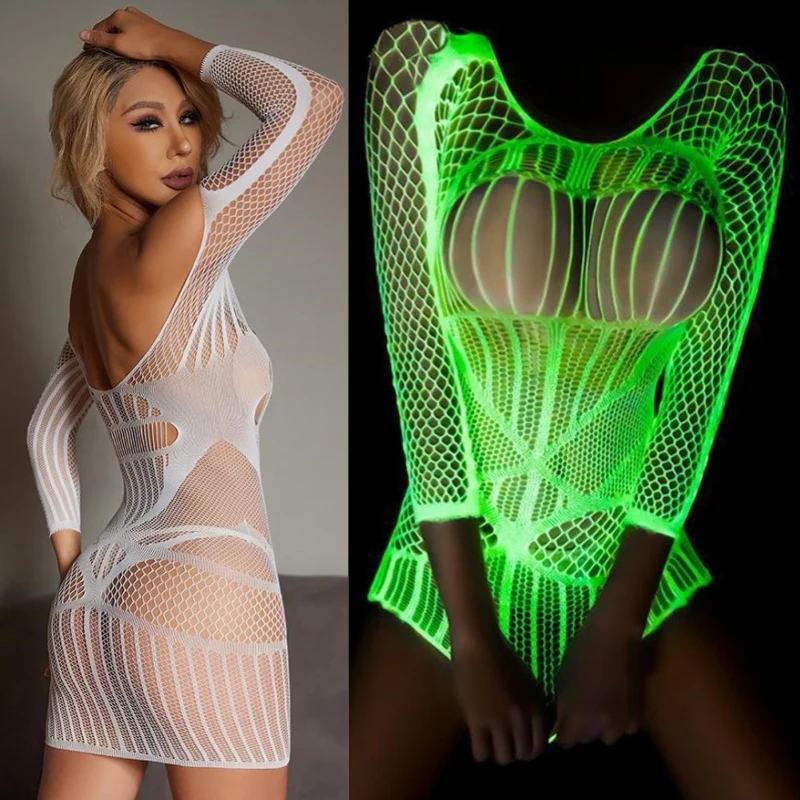 White Sexy Lingerie High Elastic Fishnet Bodysuit Luminous Open Crotch Full Body Pantyhose Pole Dance Teddy Erotic Underwear