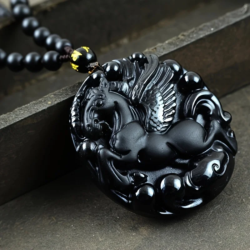 1pc Natural Obsidian Horse Pegasus Pendant Zodiac Pendant For Men And Women