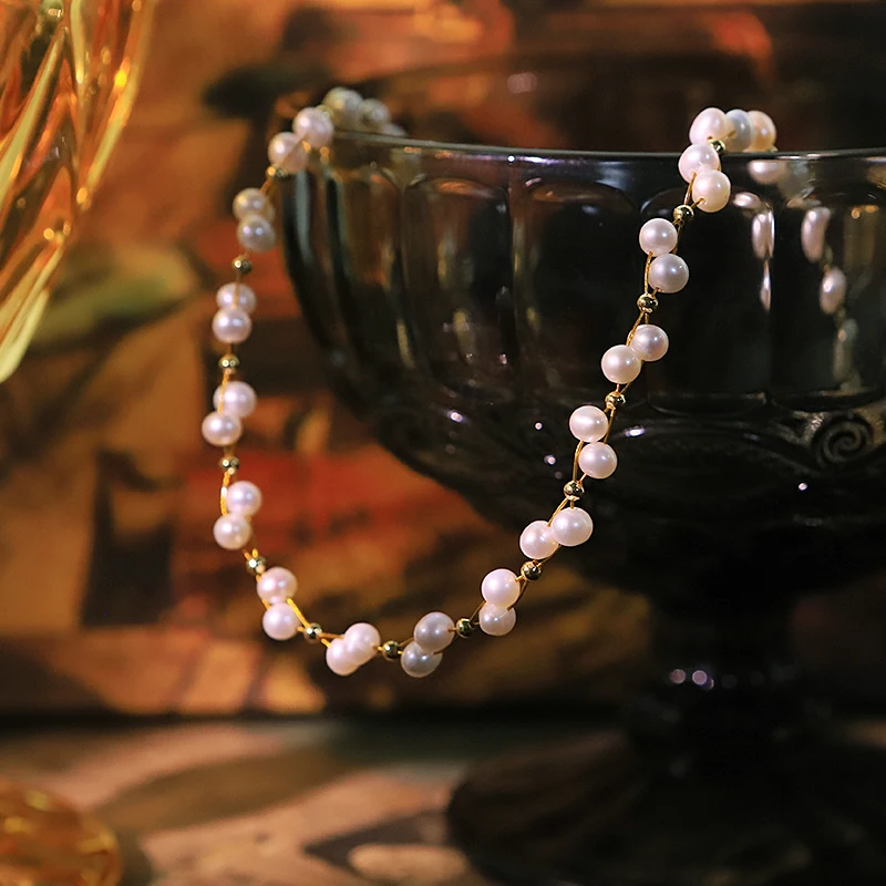 

Natural Freshwater Pearl Copper Bead Necklace Double Circle Luxurious Design Necklace Banquet Gift Women's Jewelry GN0802