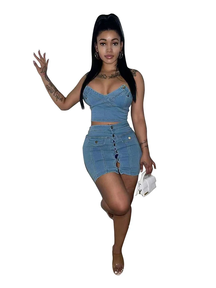 Summer Women 2 Piece Set Denim Fashion Female Hot Girl Cover Up Vest and Mini Skirt Sets Sexy Suit Wholesale Dropshipping