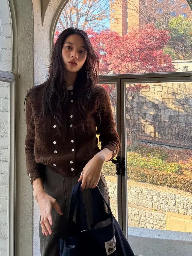 

Мягкий уютный круглый вязаный кардиган Ne, женский повседневный свитер Long Sve с двойными пуговицами и открытой передней частью, повседневная одежда