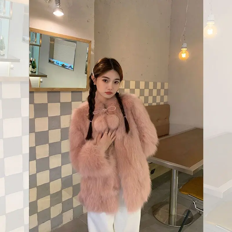 Red Fur Coat Women Faux Fur Jacket Warm Fluffy Jacket Stand Collar Korean Chic Thick Outerwear Long Sleeve Kawaii Clothing New