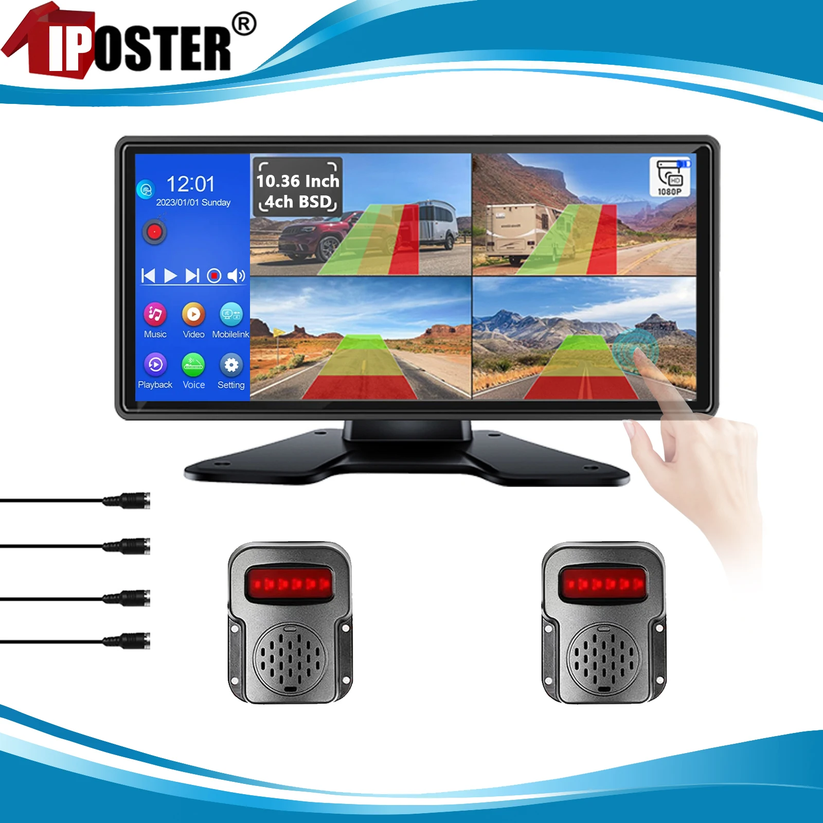 iPoster 10,36 "pantalla táctil DVR Monitor pantalla dividida 4 canales AHD 1080P detección AI Radar BSD con alarma Beeper 12-36v para camión Rv