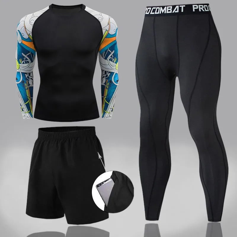 

Men's 3pcs sets Boxing suit rashguard male kit MMA compression clothing men long-sleeved t-shirt+leggings tracksuit Sport Suit