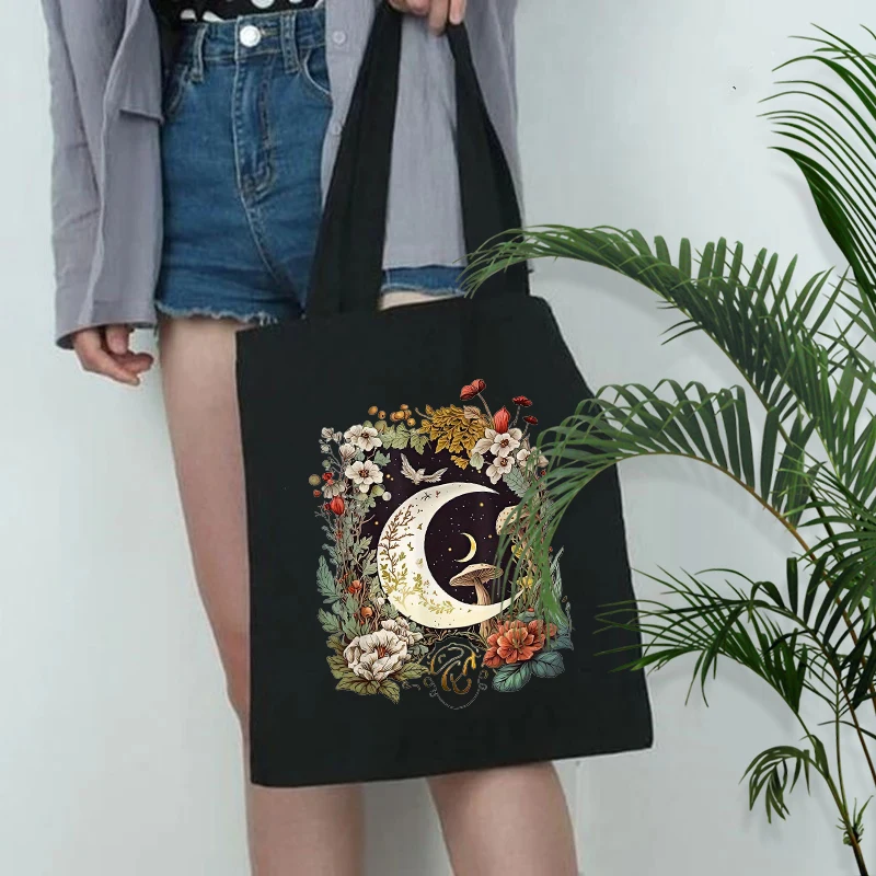

Magic Moon Flower Star Print Tote Bag Organizer Large Capacity Travel Black Handbag New Eco Friendly Reusable Shopping Bags Gift