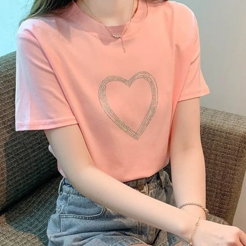 Female Clothing 2023 Summer New Round Neck Short Sleeve Korean Loose Women's T-shirt Love Hot Diamond Fashion Casual Tops