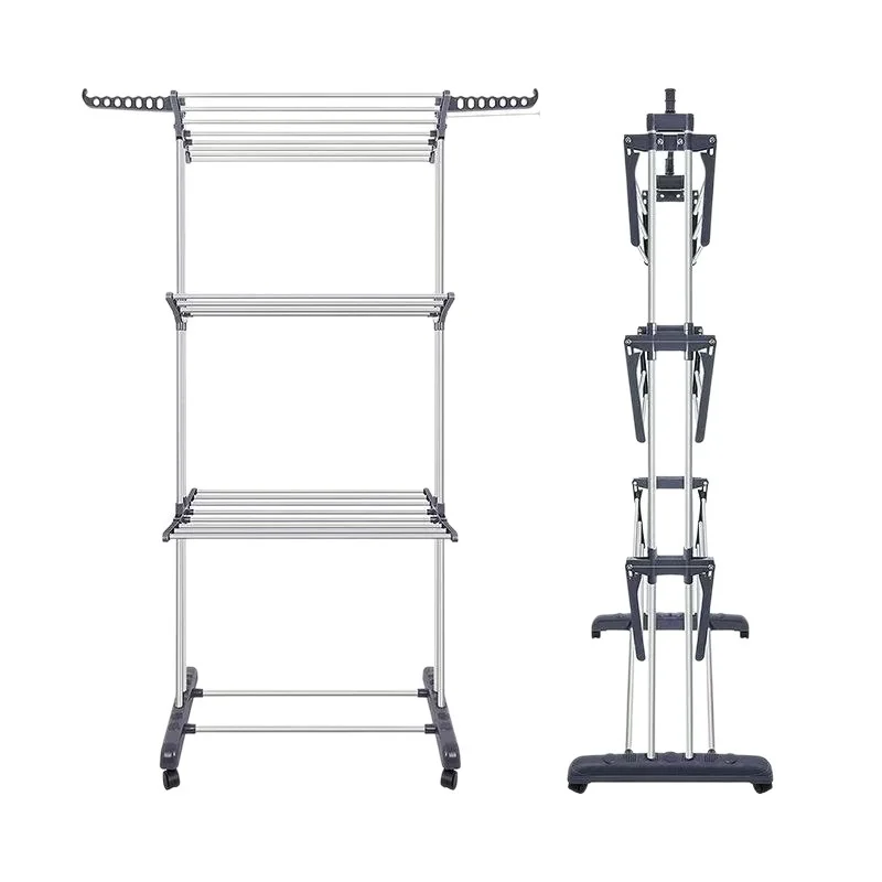 ##Multi-function Floor-standing Mobile Wing-type Foldable Plastic Space Saving Modern Design Three-layer Clothes Rack