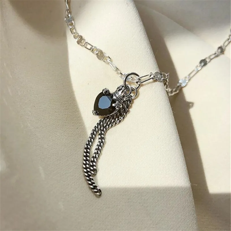 

New Personality Retro Crystal Tassel Crown 925 Sterling Silver Jewelry Creative Heart Shaped Love Pendant Necklaces TYB371