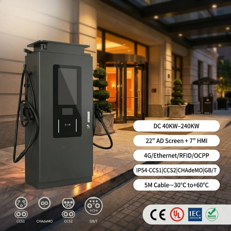 Customized 60KW 120KW 240KW DC Level 3 EV Charger Double 22 Inch Ad Screen CCS1 CCS2 CHADEMO GBT OCPP 1.6J 4G RFID IP54 Outdoor