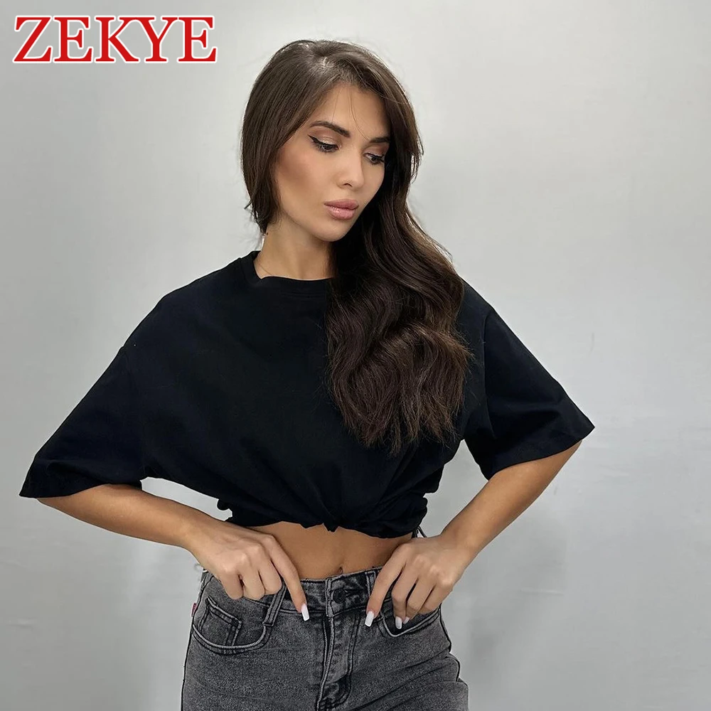 Zekye Rhinestone Letter Casual Tee Shirt Oversize Bodyfriend Style Korean O Neck Summer T Shirt Women Streetwear Harajuku Tops