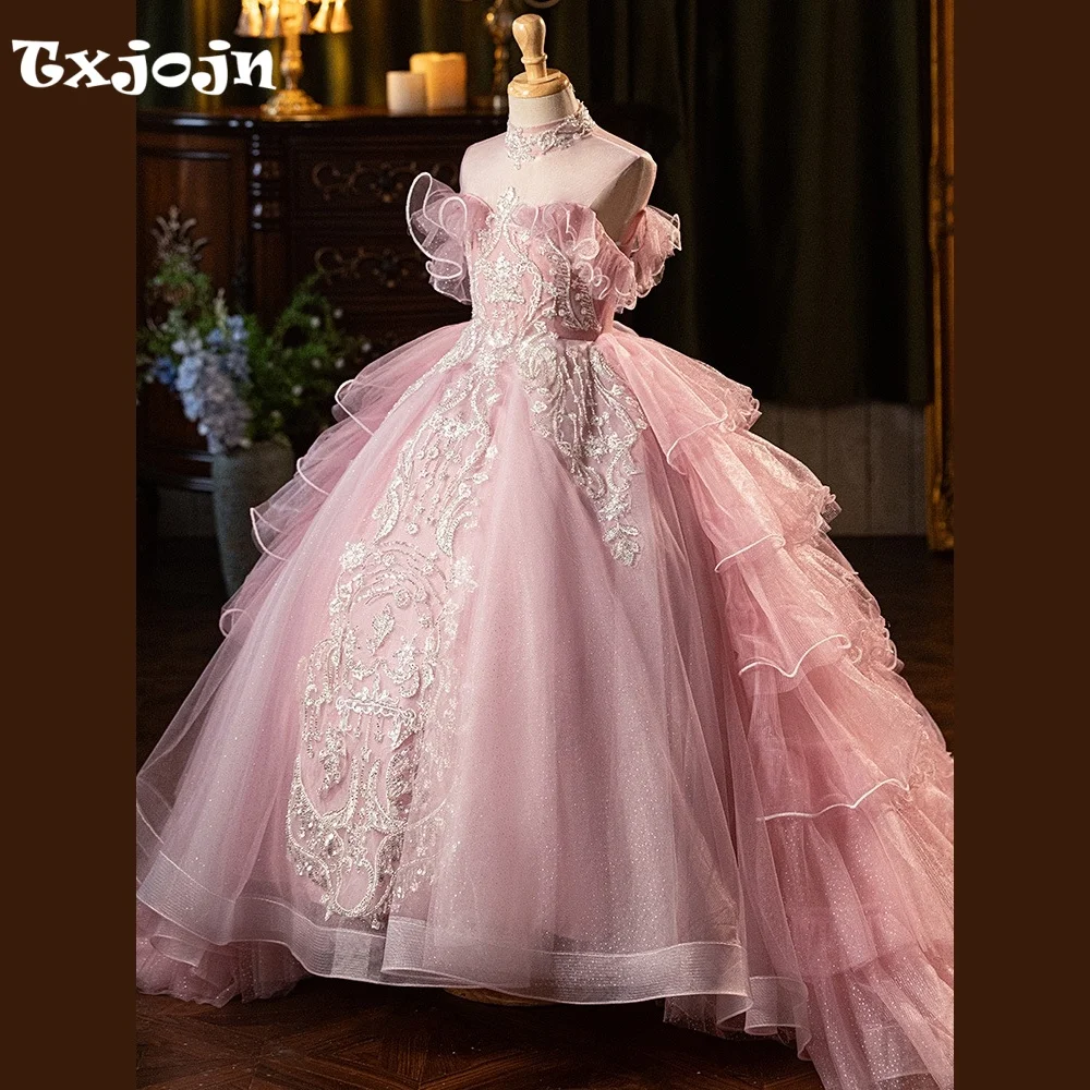 High-end Girl's Ball Gown Luxury Mesh Wedding Flower Girl New Princess Dress Toddler Teens Child Vestido Birthday Clothes 5-16Y