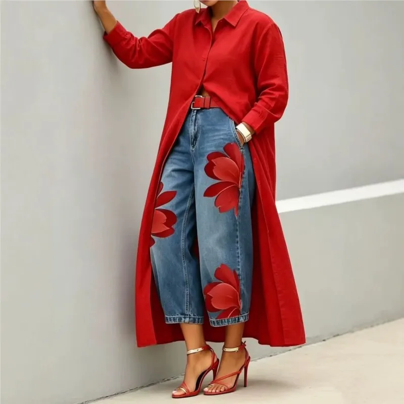 

Women's Print High Waist Jeans And Shirts Dress Loose Wide Leg Denim Pants Casual Trendy Trousers And Maxi Dress Women Clothing