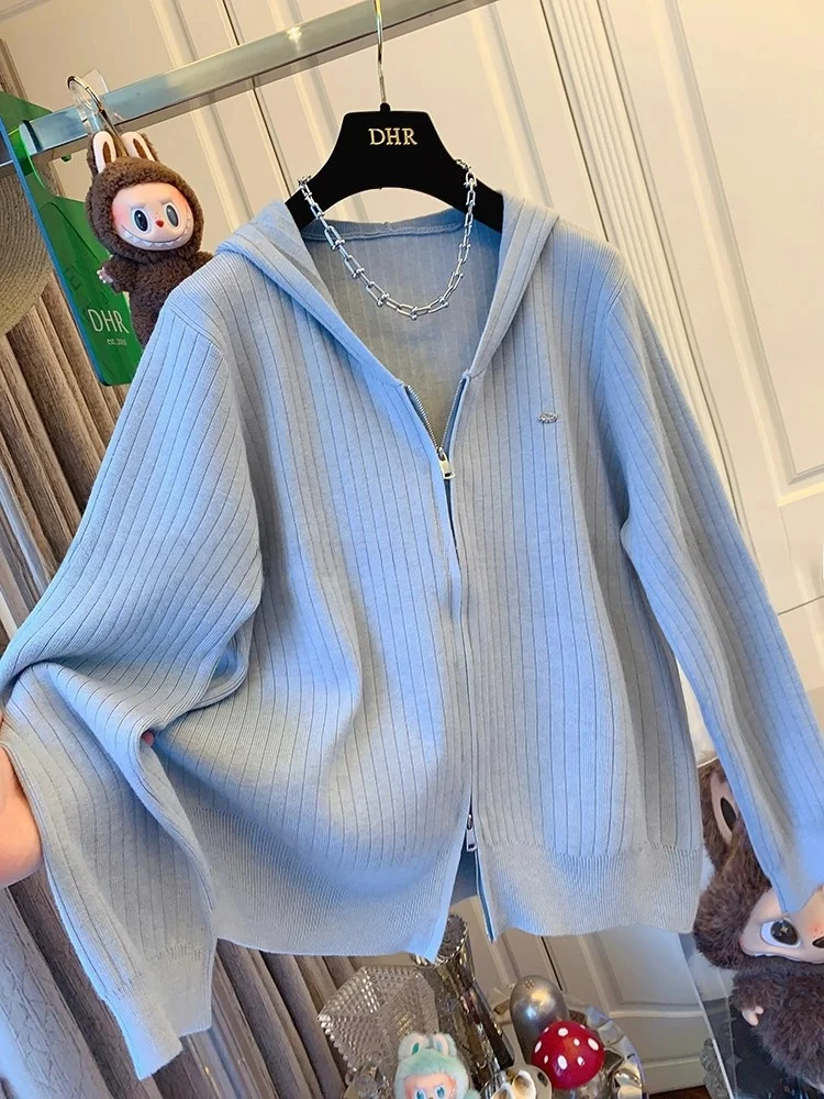 

Корейский стиль: женская вязаная толстовка больших размеров с двойной молнией, свободный свитер-кардиган, верхняя одежда в повседневном стиле, из чистого хлопка, длинный рукав.