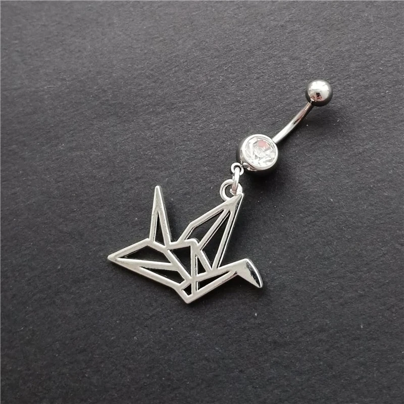 Origami Bird Belly Button Ring, Artistic Stainless Steel 14G Navel Barbell Ring with Pendant, Geometric Piercing Body Jewelry