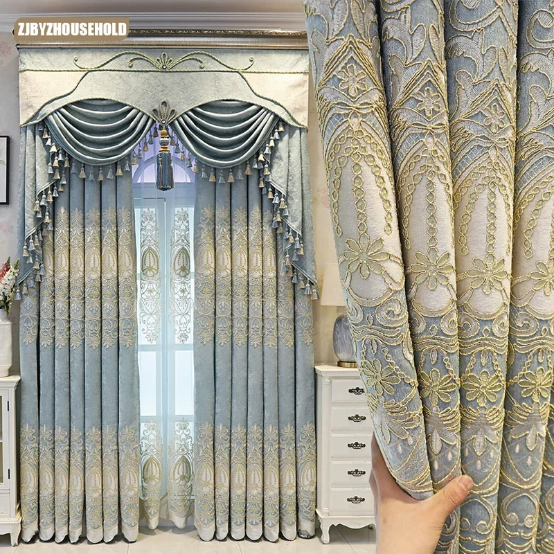 

High-end European Embroidered Curtains New Living Room Floor Window Blackout Bedroom Floating Window Customized