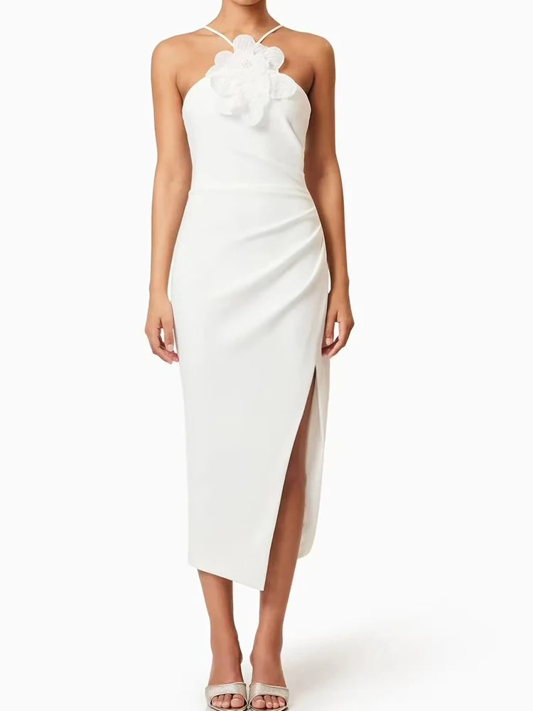 Robe de soirée Sexy à bretelles pour banquet, dos nu, bustier tubulaire, fleur tridimensionnelle, fendue, slim, nouvelle collection été 2025