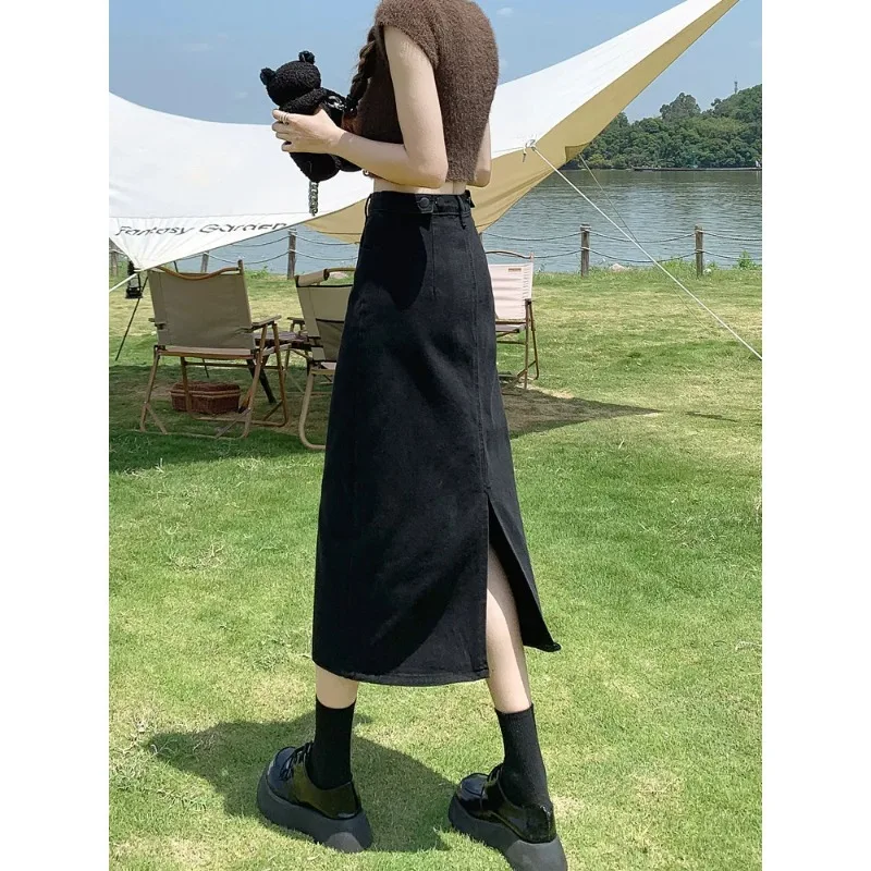 High Waist A-Line  Skirt for Women Denim Skirt Cotton Spring Autumn Back Slit for Pear Shaped Body Half Length Skirt