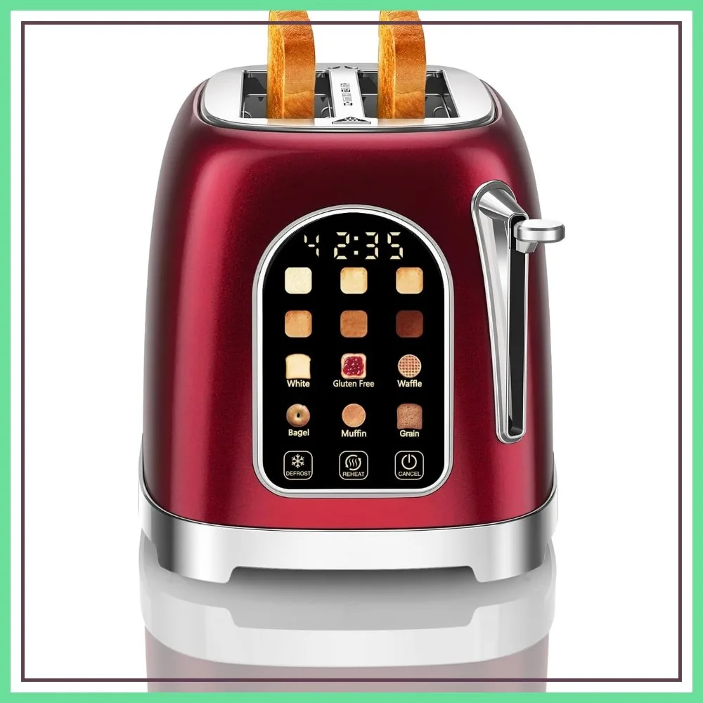 

Retro 2 Slice Toaster with Touchscreen, Wide Slot for Bagels & Bread, 6 Browning Levels, Reheat & Defrost, Red Pearl