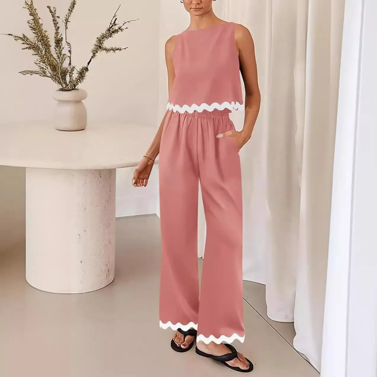 ผู้หญิงฤดูใบไม้ผลิ/ฤดูร้อนผู้หญิงสบายๆ 2 ชิ้นชุดแฟชั่น Casual เสื้อกั๊กสั้นหลวมขากว้างกางเกงสบาย