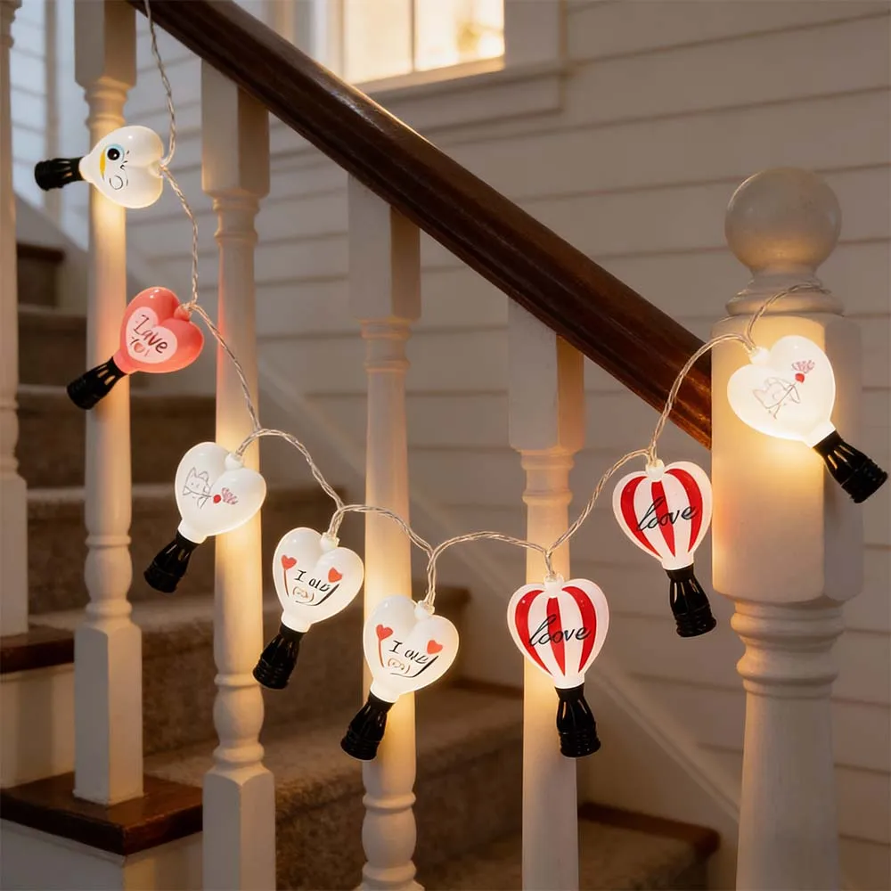 1PC 10LED Romantic Hot Air Balloon String Lights, Love Print Cartoon Balloon LED Lamp for Indoor Outdoor Anniversary Party Decor