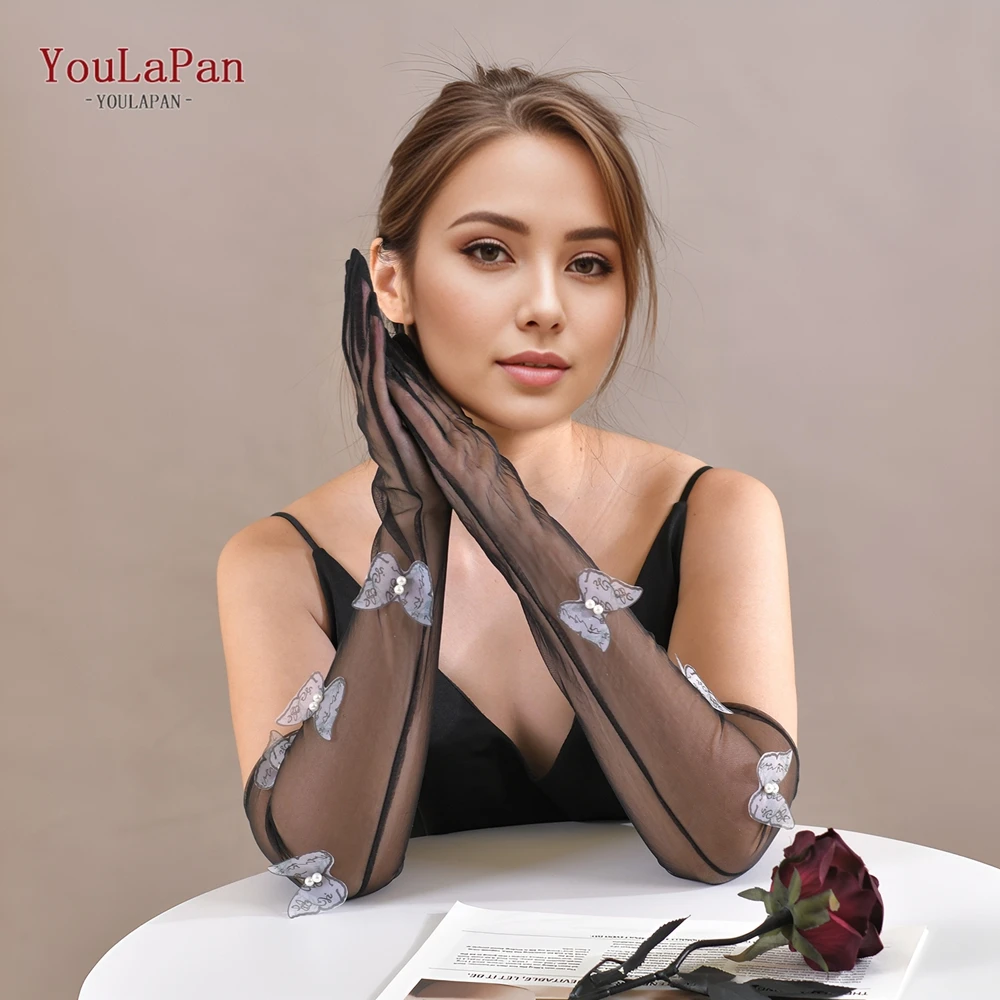 Youlapan t43女性用の薄い黒のストレッチメッシュグローブ、絶妙な3Dバタフライ、ウェディンググローブ、ステージパフォーマンスコスチューム