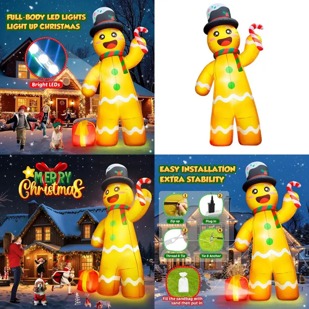 

Giant 12FT LED-lit Gingerbread Man Inflatable, Large Outdoor Christmas Decoration with Candy Cane & Gift for Holiday Yard